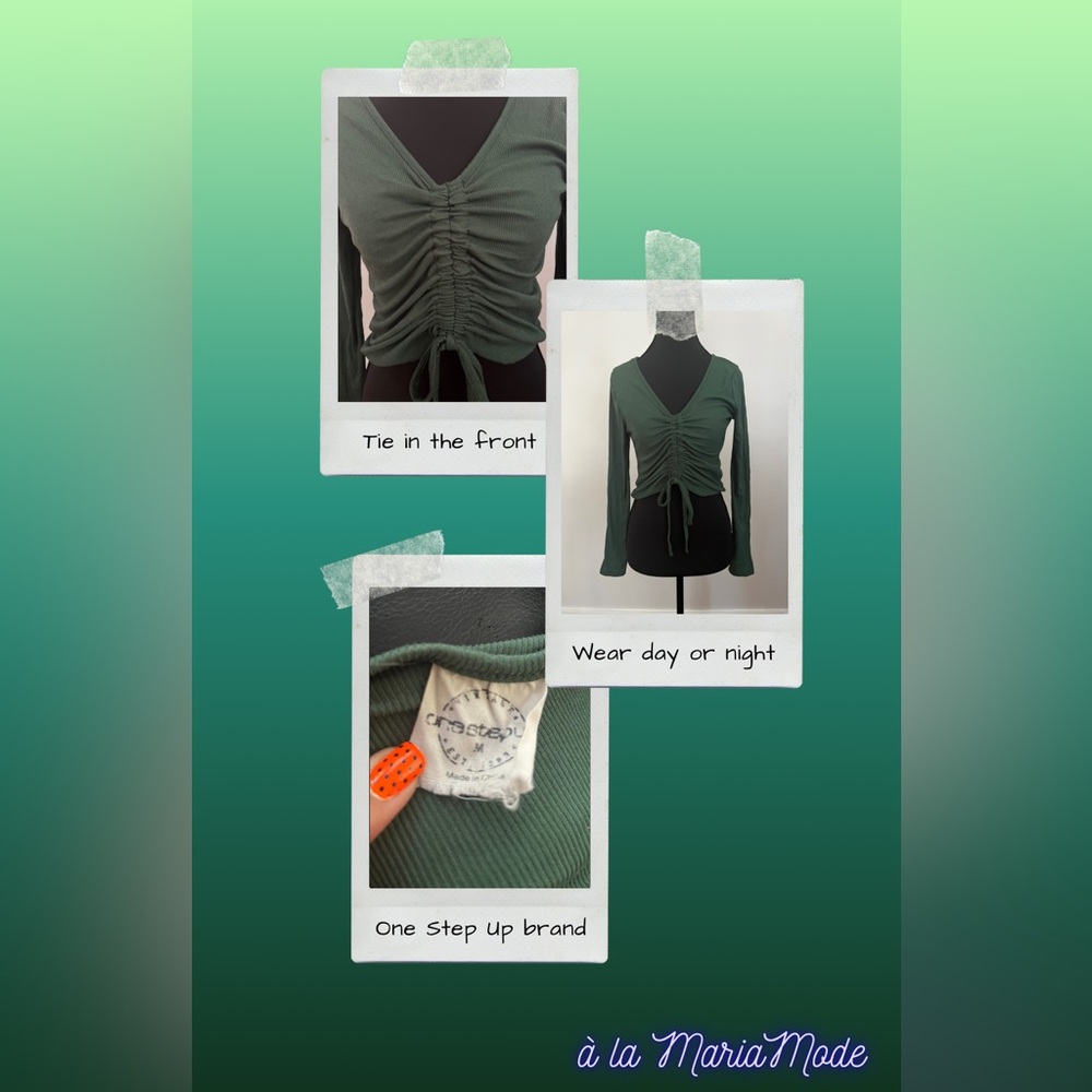 Green Ruched V-Neck Top - Picture 2 of 3